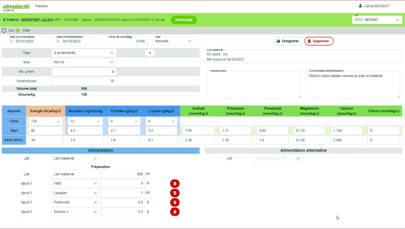 Almalacté, un logiciel pour sécuriser le processus de prescription et de préparation de régimes nutritionnels lactés.