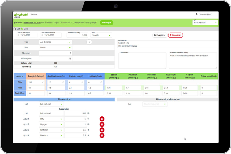 Almalacté, logiciel pour sécuriser le processus de prescription, préparation et reconstitution d’un régime nutritionnel lacté destiné aux prématurés, nouveau-nés et nourrissons.